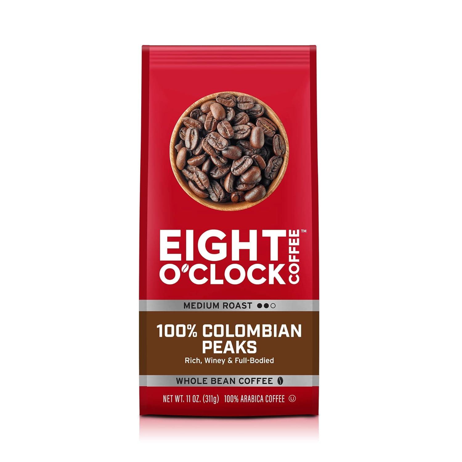 Eight O'Clock Coffee 100% Colombian Peaks & Arabica, 11 Ounce (Pack of 6) Medium Roast Whole Bean Coffee, Rich & Winey