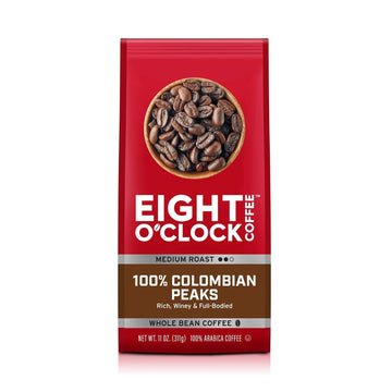 Eight O'Clock Coffee 100% Colombian Peaks & Arabica, 11 Ounce (Pack of 6) Medium Roast Whole Bean Coffee, Rich & Winey