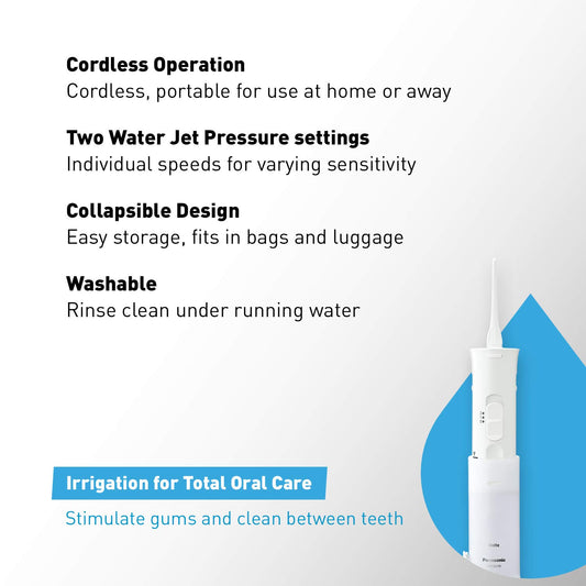 Panasonic Portable Water Flosser, 2-Speed Battery-Operated Oral Irrigator with Collapsible Design for Travel – EW-DJ10-W (White)