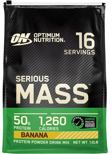 Optimum Nutrition Serious Mass, Weight Gainer Protein Powder, Mass Gainer, Vitamin C And Zinc For Immune Support, Creatine, Banana, 12 Pound (Packaging May Vary)