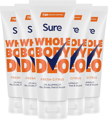 Sure Deodorant Cream Fresh Citrus, Pack Of 5, Whole Body Deodorant For Women Aluminium Free Deo Cream With Fresh And Floral Fragrance Provides 48-Hour Odour Control, 75 Ml