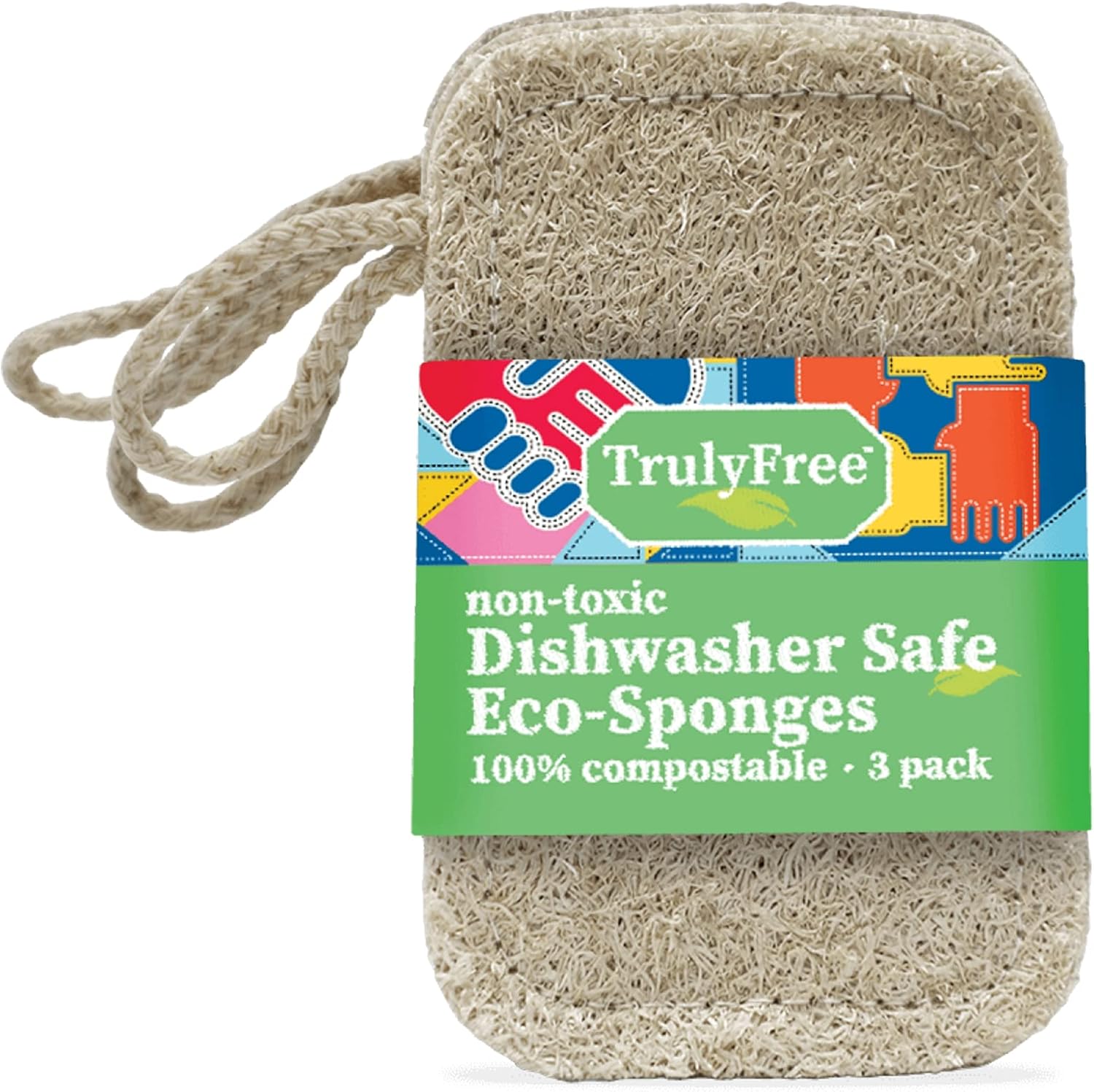 Truly Free Natural Cleaning Sponges, 100% Organic Luffa Dish Scrubber, Plant-Based Compostable Kitchen Dishwasher Sponge, Cleans Sink, Grout & Tile, Non Scratch Scouring Pad - 4.4 X 2.8 In, Pack Of 3