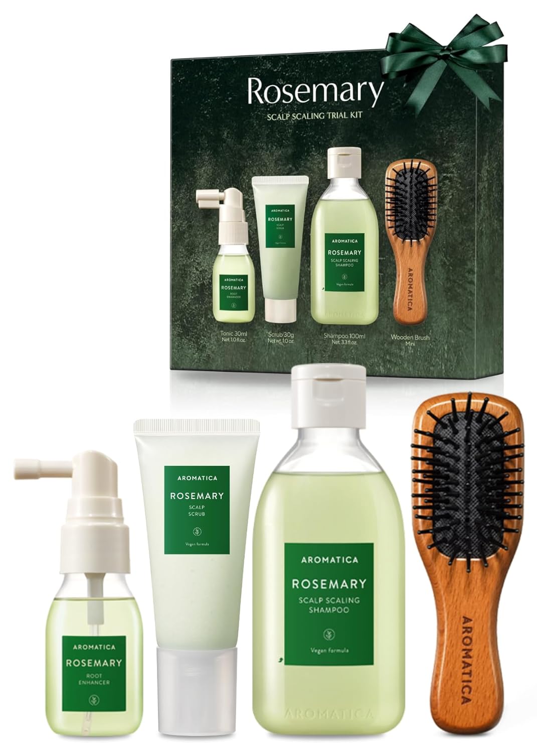 Aromatica Rosemary Scalp Scaling Trial Kit - Travel Size Hair Care Kit For Women With Mini Wooden Brush, Gentle Exfoliating Scalp Care For Hair Growth Product, With Essential Oils & Vegan Formula