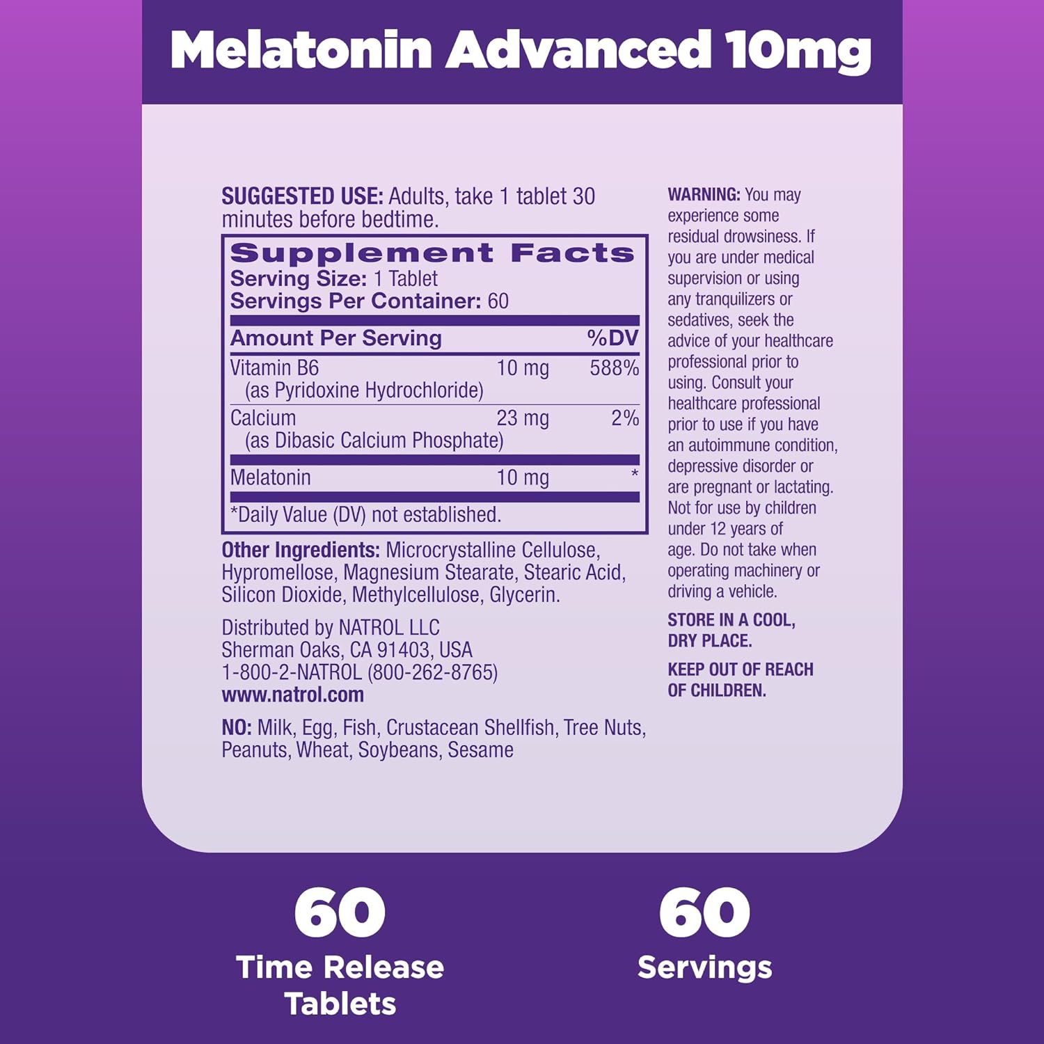 Natrol Melatonin Advanced Sleep Tablets with Vitamin B6 Helps You Fall Asleep Faster Stay Asleep Longer 2Layer Controlled Release 100 DrugFree 10mg, Multicolor, 60 Count : Health & Household