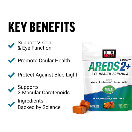FORCE FACTOR AREDS2+ Eye Vitamins with Lutein & Zeaxanthin, AREDS 2 Formula to Support Macular Carotenoids, Eye Health Supplements for Adults to Support Vision, Tropical Punch Flavor, 60 Soft Chews