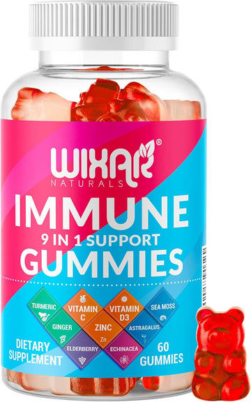 9 In 1 Immune Support Gummies With Elderberry, Vitamin C&D, Zinc, Turmeric, Ginger, Echinacea, Astragalus & Sea Moss For Immunity Supplement - 60 Gummies