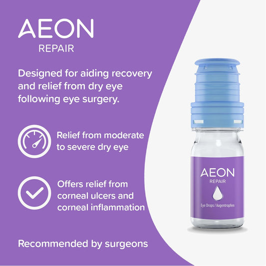 Rayner Aeon Repair - Eye Drops For Moderate To Severe Dry Eye & After Surgery Discomfort - With Vitamin A & E, Contact Lens Friendly, 10Ml