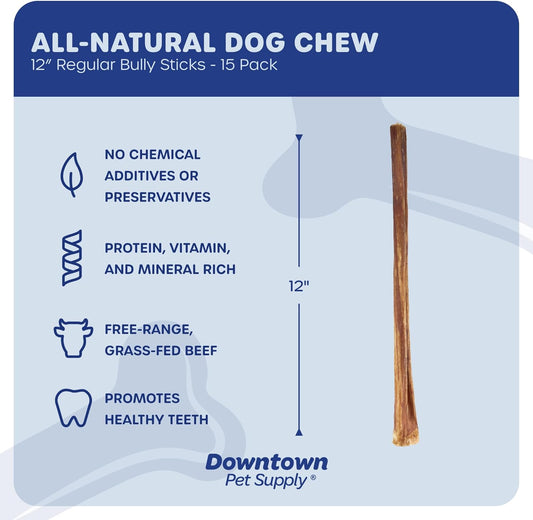Downtown Pet Supply 12-inch Bully Sticks for Large Dogs, Pack of 15 - Single Ingredient, Rawhide Free Dog Chews for Aggressive Chewers - Nutrient-Rich and Odor Free Bully Sticks for Dogs - Beef
