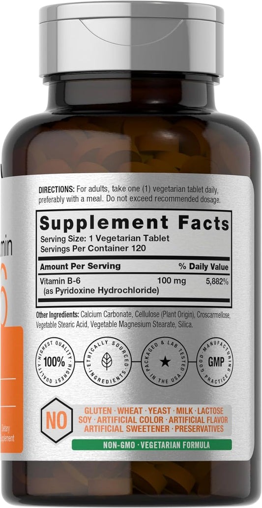 Horbäach Vitamin B-6 100mg | 120 Vegetarian Tablets | Pyridoxine HCl | Vegetarian, Non-GMO & Gluten Free Supplement