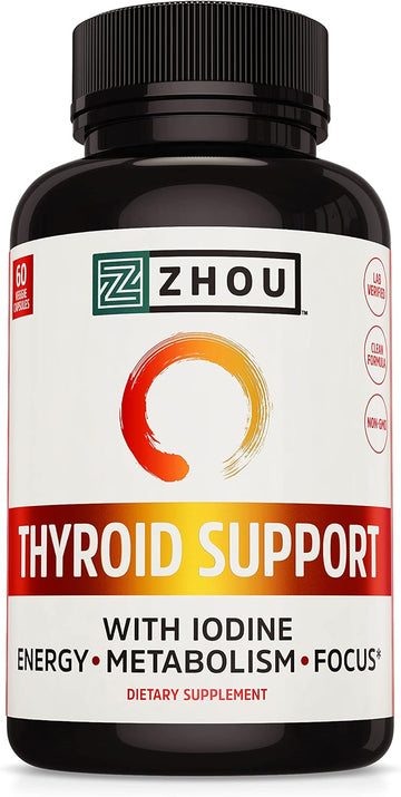 Zhou Thyroid Support Complex With Iodine Supplement, Increase Energy, Fight Brain Fog With Vitamin B12, Iodine, Magnesium, Zinc, Selenium, No Soy, Gluten-Free