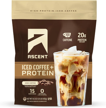 Ascent Iced Coffee Protein Powder - High Protein Coffee Powder, 20 g Protein & 100 mg Caffeine from Premium Colombian Coffee, Zero Artificial Flavors & Sweeteners - 15 Servings