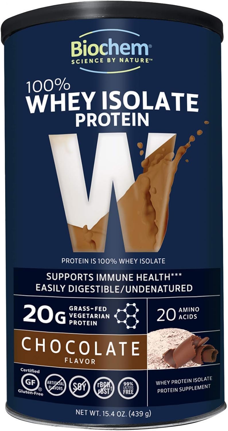 Biochem 100% Whey Isolate Protein - Chocolate - 15.4 Oz - Buy 1 Get 1 Free - Pre & Post Workout - Meal Replacement - Keto-Friendly - 20G Of Protein - Easily Digestible - Refreshing Taste - Easy To Mix