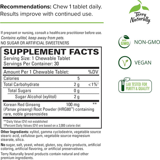 Terry Naturally HRG80 Red Ginseng Energy - 30 Chewable Tablets - Red Ginseng Root Powder, Panax Ginseng, HRG80 - Non-GMO, Vegan, Gluten Free - 30 Servings