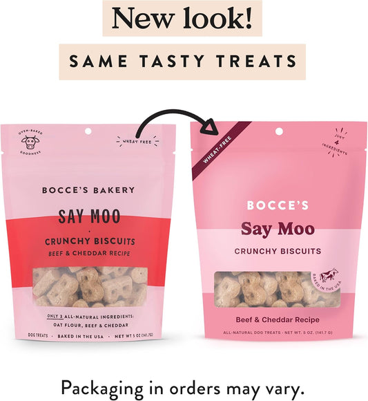 Bocce'S Bakery Oven Baked Say Moo Treats For Dogs, Everyday Wheat-Free Dog Treats, Made With Real Ingredients, Baked In The Usa, All-Natural Beef & Cheddar Biscuits, 5 Oz