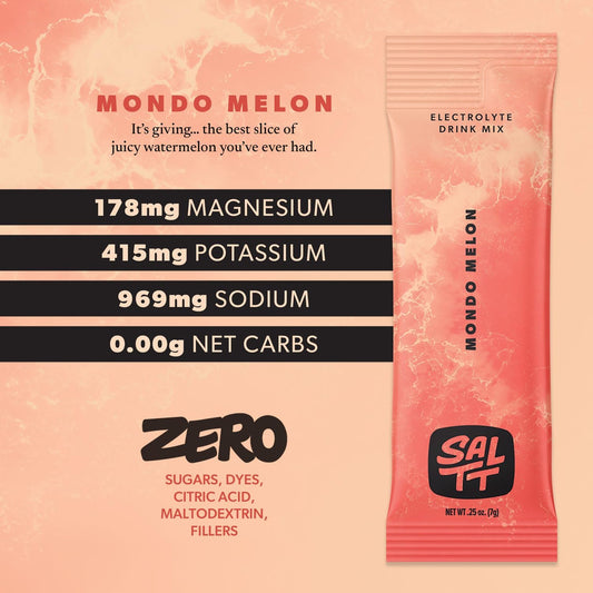 Keto Chow Saltt Electrolytes Powder Flavored Drink Mix - Mondo Melon - 30 Hydration Packets - Magnesium, Potassium, Sodium, Trace Minerals - Zero Sugar & Gluten Free - Travel Essentials