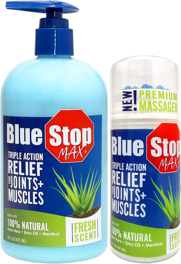 Blue Stop Max Pump and Gel Applicator Bundle - Every Day, Every ACHE. Safe Relief - 3 in 1 Product Relieves Body Aches, Supports Joints & Nourishes The Skin