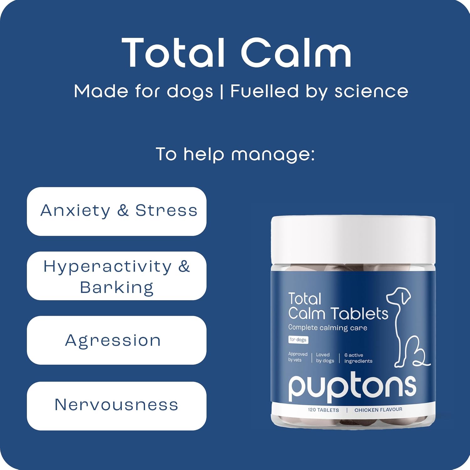 Total Calm Calming Tablets for Dogs | Reduces Stress, Anxiety, Barking, Fear, Hyperactivity, Aggression | Tasty Chicken Flavour | 30 Tablets | Puptons :Pet Supplies
