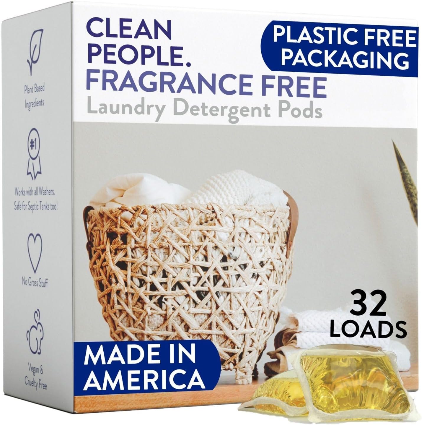 The Clean People Fragrance Free Laundry Detergent Pods - Hypoallergenic Laundry Pods - Ultra Concentrated, Recyclable Packaging, Stain Fighting - Fragrance Free, 32 Pack