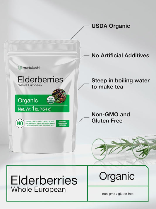 Horbäach Organic Dried Elderberries | 1 Lb Bulk Bag | Whole European | Non-Gmo, Gluten Free | Sambucus Nigra