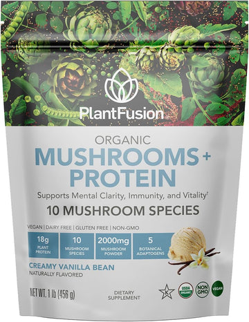 PlantFusion Mushroom Protein Powder - 3 in 1 Vegan Protein Powder, Mushroom Supplement, and Adaptogen Supplement - Support Mental Focus, Immunity, and Recovery - Vanilla 1lb
