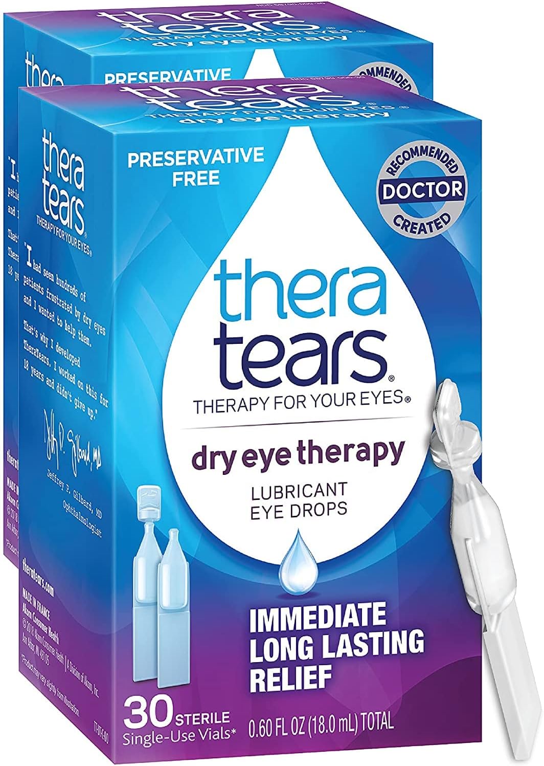 TheraTears Dry Eye Therapy Eye Drops for Dry Eyes, Preservative Free, 30 Vials, 2 Pack