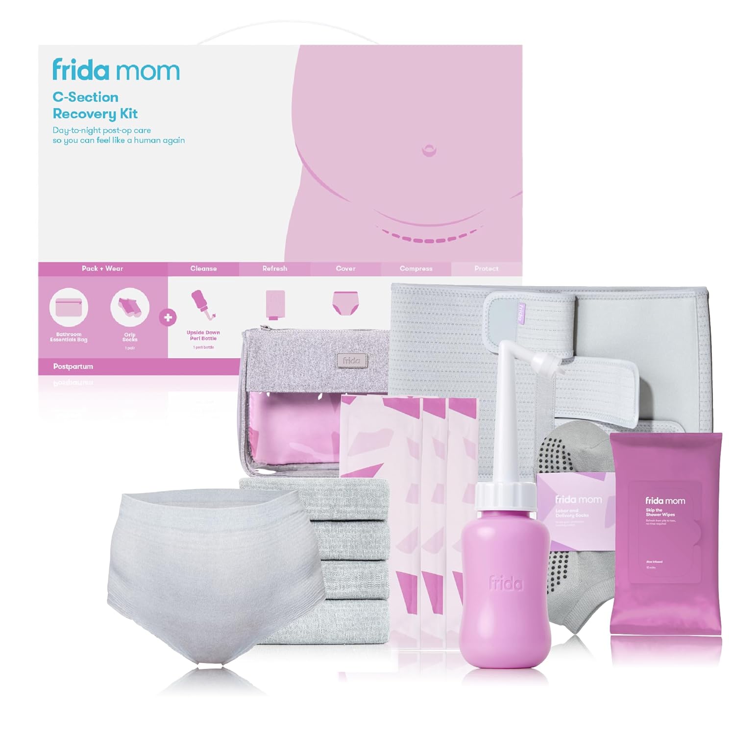 Frida Mom C-Section Recovery Must Have Kit For Labor, Delivery, & Postpartum, Socks, Peri Bottle, Disposable Underwear, Abdominal Support Binder, Shower Wipes, Silicone Scar Patches, & Toiletry Bag