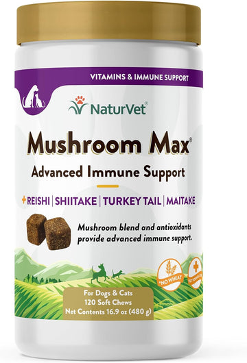 NaturVet Mushroom Max Advanced Immune Support Dog Supplement – Helps Strengthen Immunity, Overall Health for Dogs – Includes Shitake Mushrooms, Reishi, Turkey Tail – 120 Ct