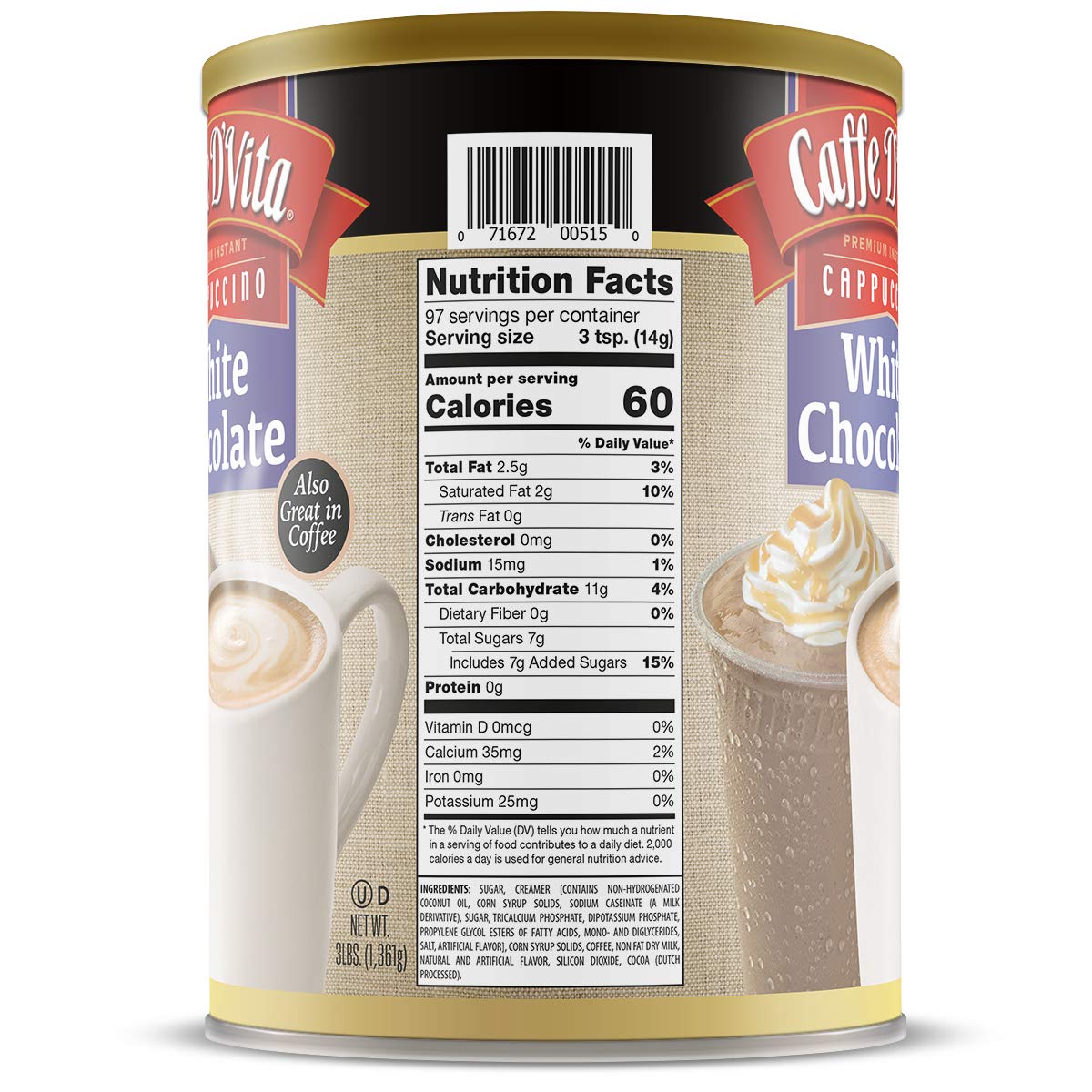 Caffe D’Vita White Chocolate Cappuccino Mix - White Chocolate Powder, Gluten Free, No Cholesterol, No Hydrogenated Oils, No Trans Fat, 99% Caffeine Free, Instant Cappuccino Mix - 3 Lb Can