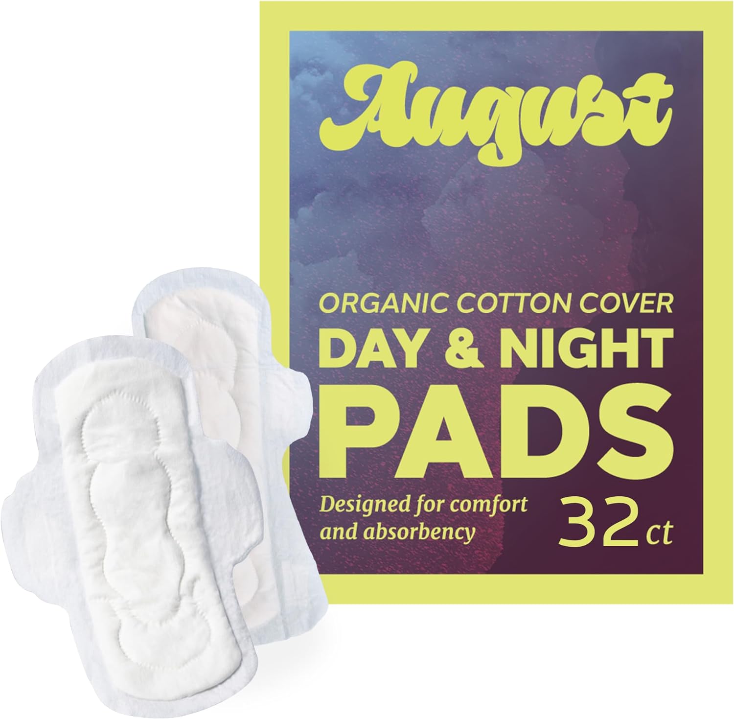 August Menstrual Day and Night Organic Pads, 100% Certified Organic Cotton Pads, Compostable Wrappers, Toxin Free, Fragrance Free, Hypoallergenic Organic Pads for Women, 32 Pads (16 Day, 16 Night)