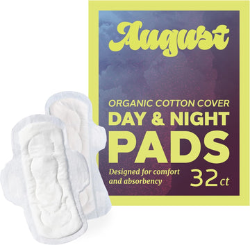 August Menstrual Day & Night Organic Topsheet Pads, 16-Pack Day, 16-Pack Night Organic Cotton Pads, No Fragrance, Organic Pads for Women and Anyone Who Menstruates (1 Box of 32/2 Boxes of 16)