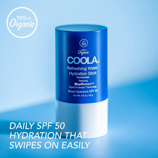 Coola Organic Refreshing Water Stick Face Moisturizer With Spf 50, Dermatologist Tested Face Sunscreen With Plant-Derived Bluescreen Digital De-Stress Technology, 0.8 Oz