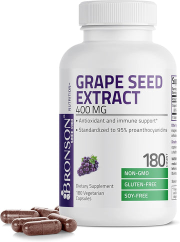 Bronson Grape Seed Extract 400 Mg - Antioxidant & Immune Support - Standardized Extract With 95% Proanthocyanidins- Non Gmo, 180 Vegetarian Capsules