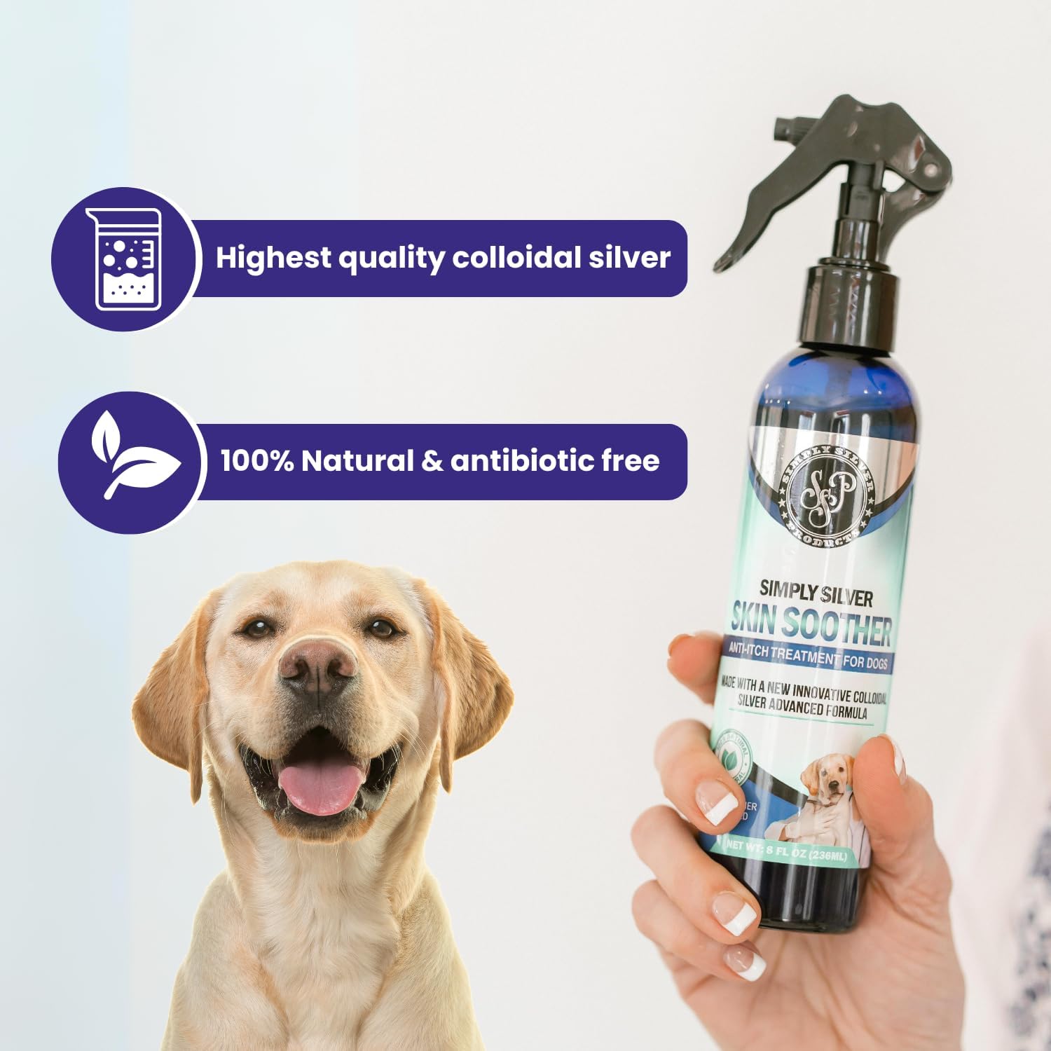 Simply Silver Skin Soother Spray for Dogs Sensitive Skin - All Natural with Colloidal Silver and Yarrow, Relieves Burning and Itching, Non-Toxic, Alcohol and Chemical Free : Pet Supplies