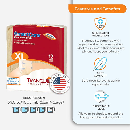 Tranquility Smartcore Adult Disposable Briefs, Incontinence Control With Breathable Kufguard Technology, Fastening Tabs& Wetness Indicator, Latex-Free, Adult X-Large, 34Oz Capacity, 12Ct Bag