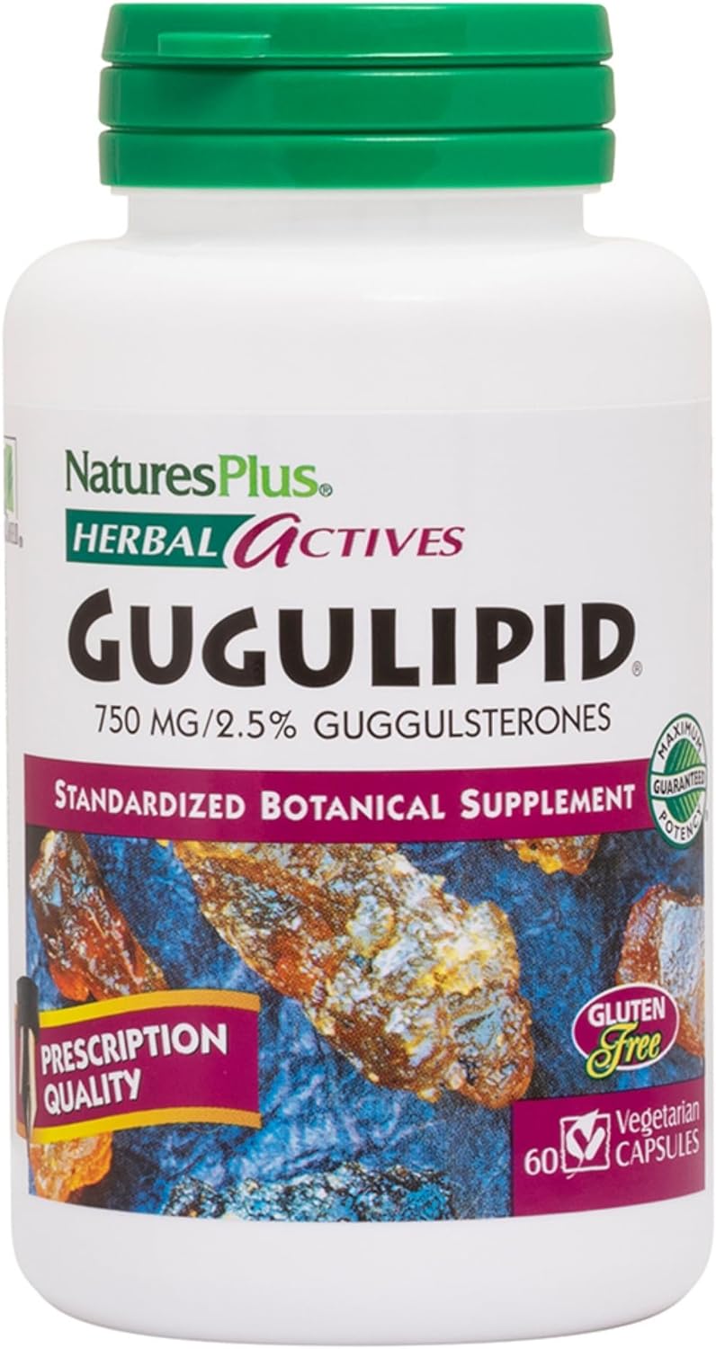 NaturesPlus Herbal Actives Gugulipid - 750 mg, 2.5% Guggulsterones - 60 Vegan Capsules - Ayurvedic Botanical Supplement - Maximum Potency - Vegetarian, Gluten-Free - 60 Servings