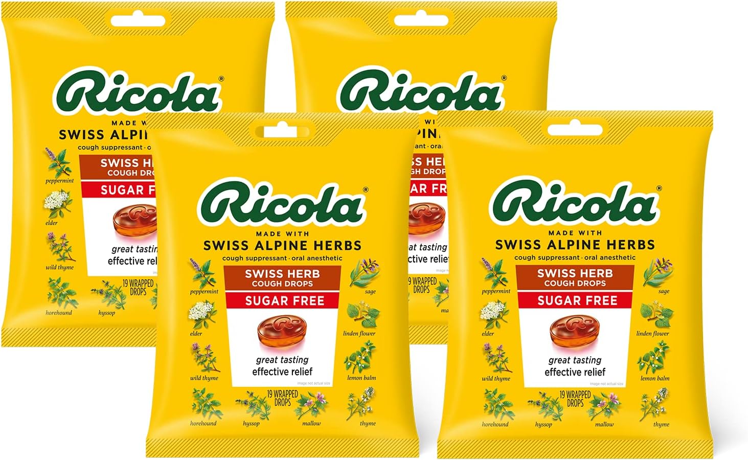 Ricola Sugar Free Swiss Herb Herbal Cough Suppressant Throat Drops | Naturally Soothing Long-Lasting Relief -19 Count (Pack of 4) Bags