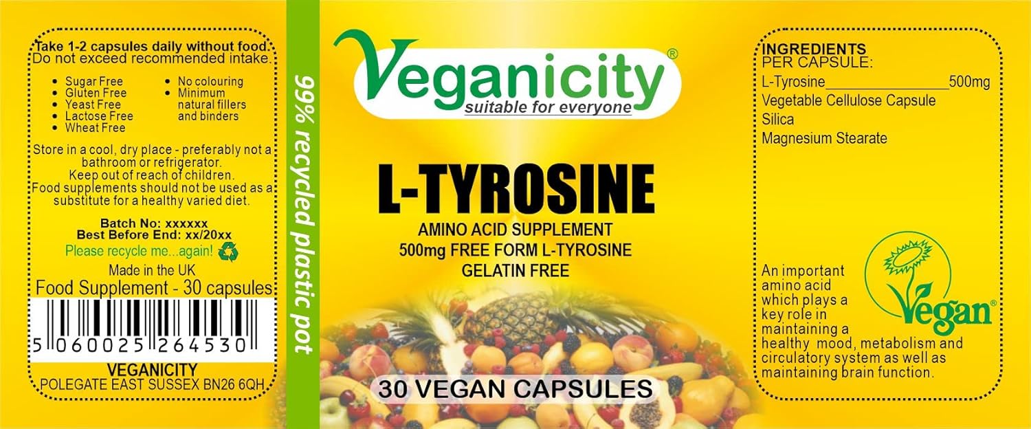 Veganicity L-Tyrosine 500Mg : Amino Acid Supplement - 30 Vegan Capsules,In A Planet-Friendly 99% Recycled Pot