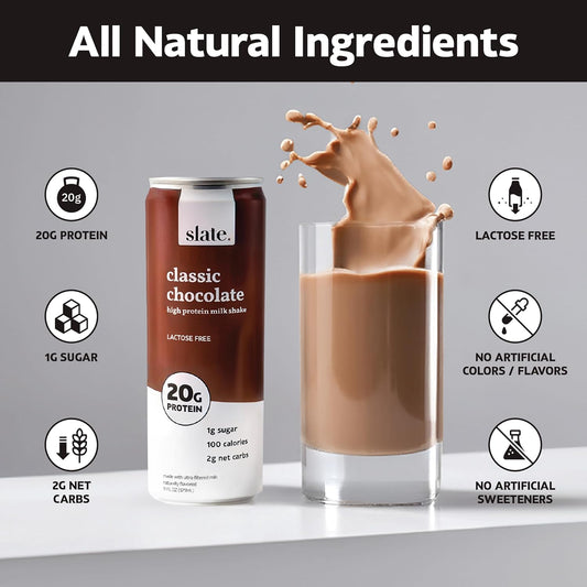 Slate Milk - High Protein Milk Shake - Classic Chocolate - Lactose Free, 20G Protein, 1G Sugar, 100 Calories, 2G Net Carbs, No Added Sugar - Natural, Breakfast Boost, Post Workout - 11 Fl Oz, 24 Cans