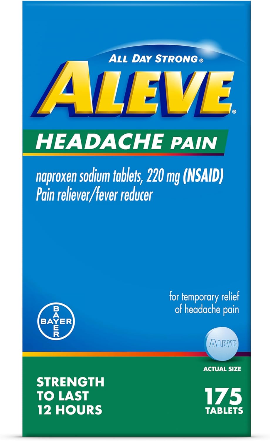 Aleve Headache Pain Reliever & Fever Reducer Tablets, Naproxen Sodium, for Headache Pain Relief, Pain Medicine for Adults, Headache Pain Relief Pills, 175 Count