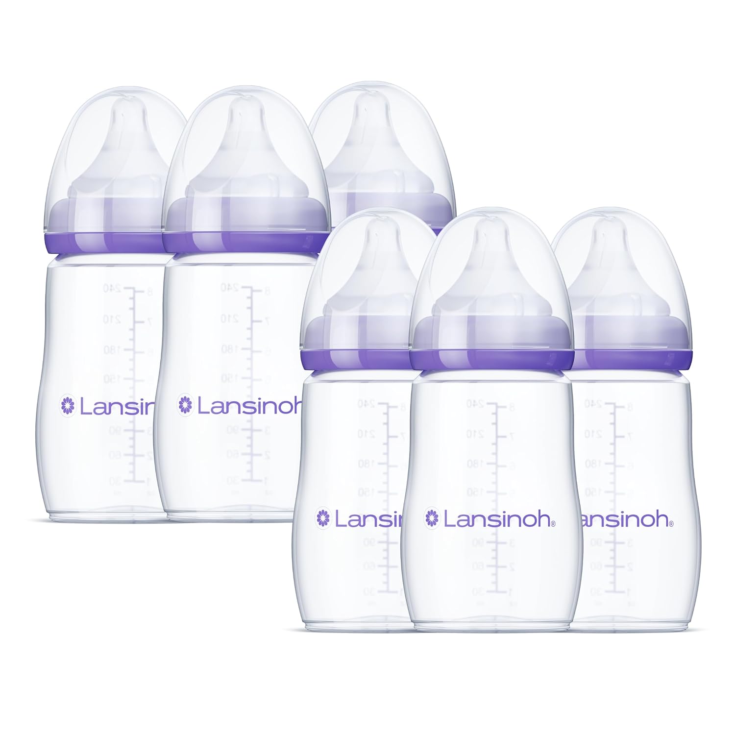 Lansinoh Anti-Colic Baby Bottles For Breastfeeding Babies, 8 Ounces, 6 Count, Includes 6 Medium Flow Nipples, Size M