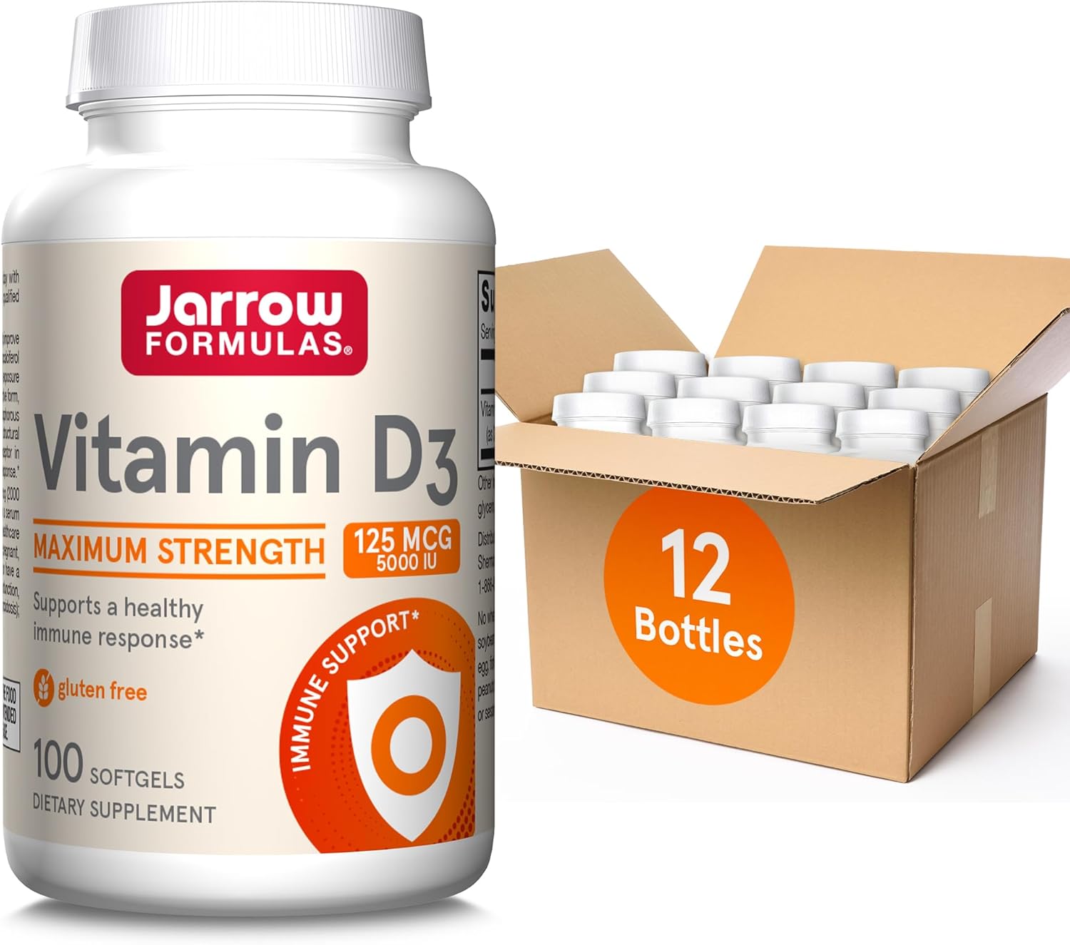 Jarrow Formulas Vitamin D3 125 Mcg (5000 Iu) - 100 Servs (Softgels) - Bone Health, Immune Support & Calcium Metabolism Support-Vitamin D Supp-D3 Vitamins -5000 Iu Vitamin D - Gluten Free (Pack Of 12)