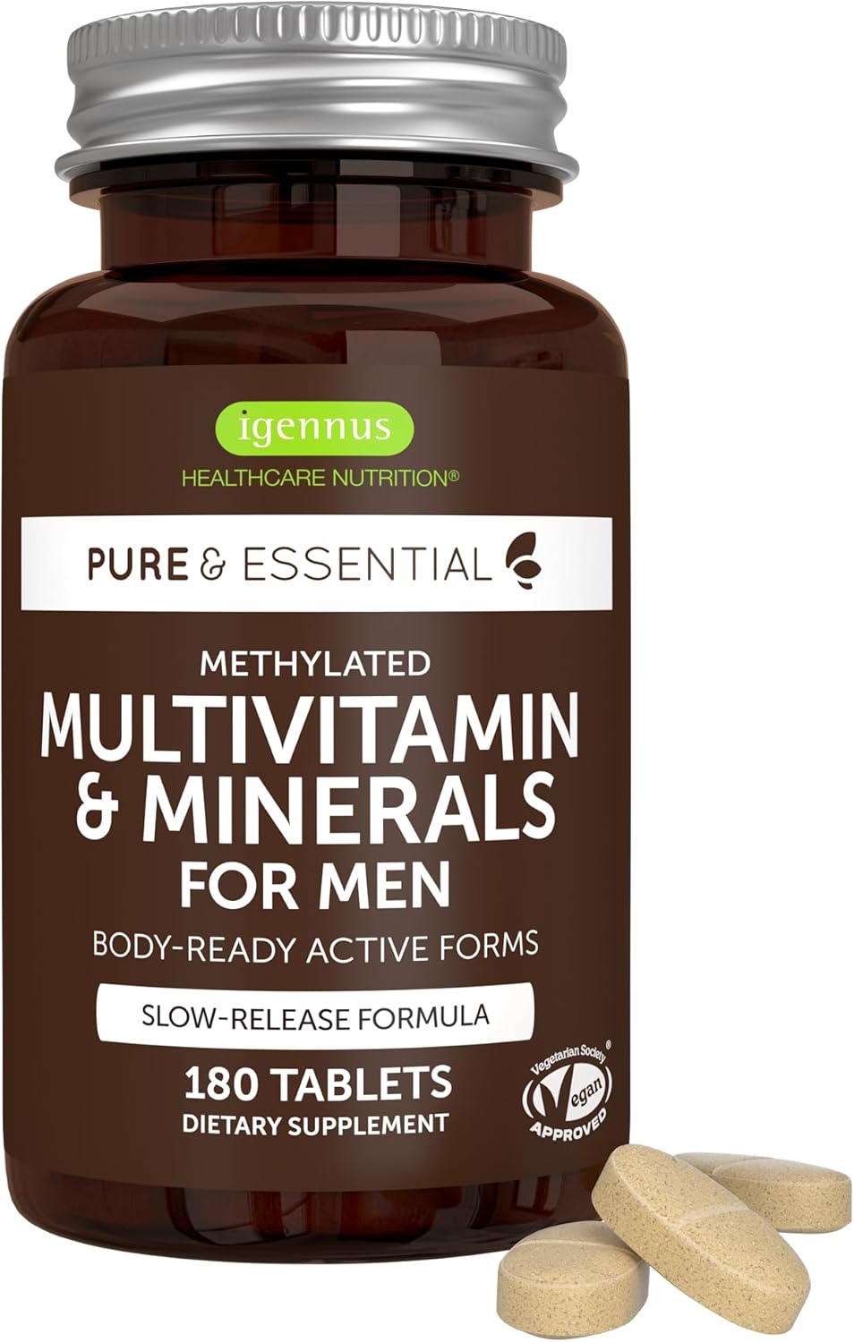 Igennus Methylated Men'S Multivitamin With 22 Actives, All-Day Nutrient Delivery, Pure & Clean, Methylfolate & Methylcobalamin, High Strength Mthfr Supplement, Non-Gmo & Halal, 180 Tablets