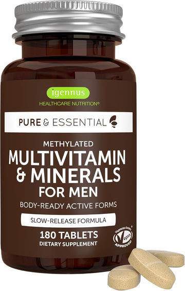 Igennus Methylated Men'S Multivitamin With 22 Actives, All-Day Nutrient Delivery, Pure & Clean, Methylfolate & Methylcobalamin, High Strength Mthfr Supplement, Non-Gmo & Halal, 180 Tablets