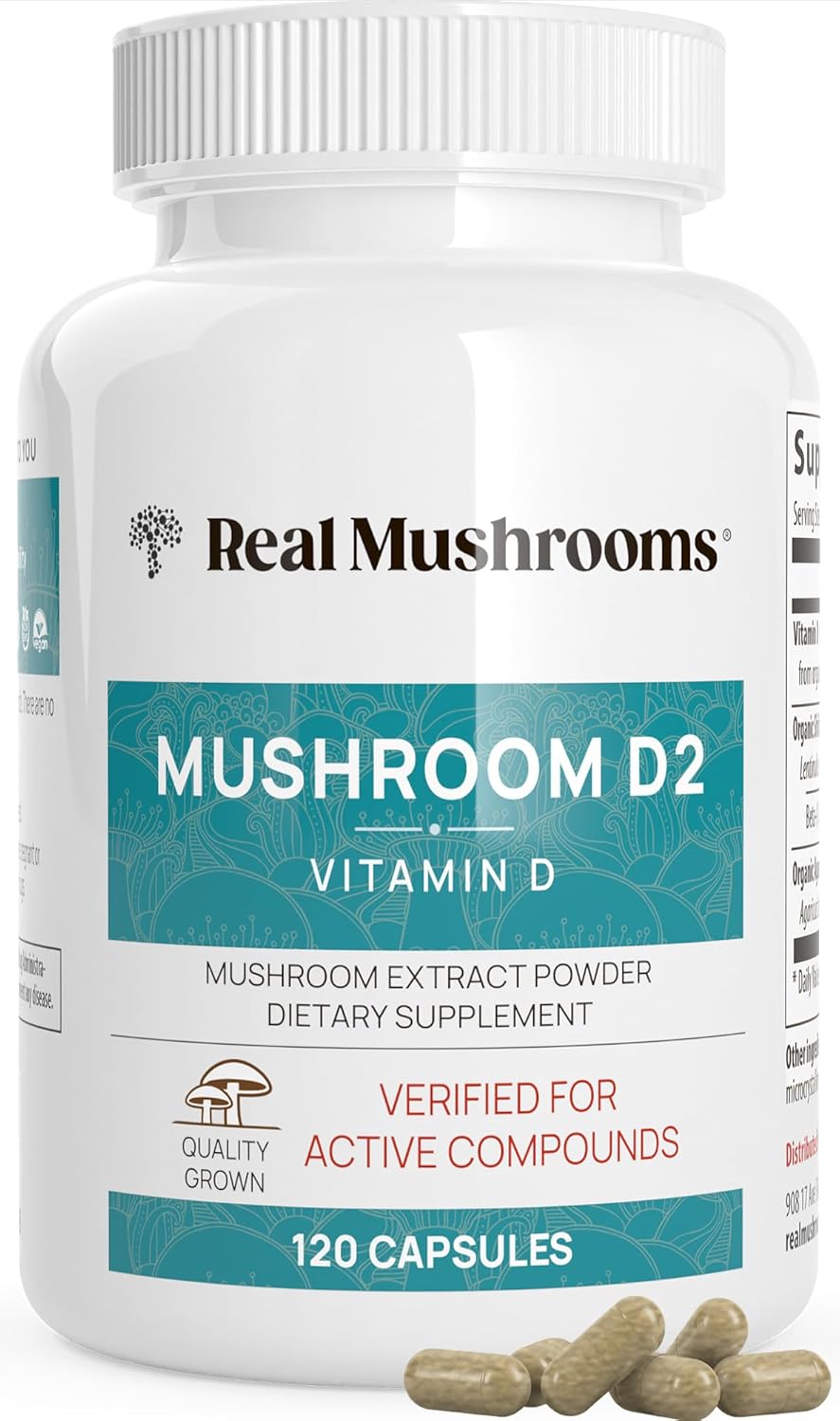 Real Mushrooms Vitamin D2 (120 Ct) Vegan Vitamin D Supplements - Organic Vitamin D Vegan Supplement 1000 Iu Shiitake & Agaricus Mushroom Complex - Vegan Vitamins For Bone & Muscle Health, Energy, Mood