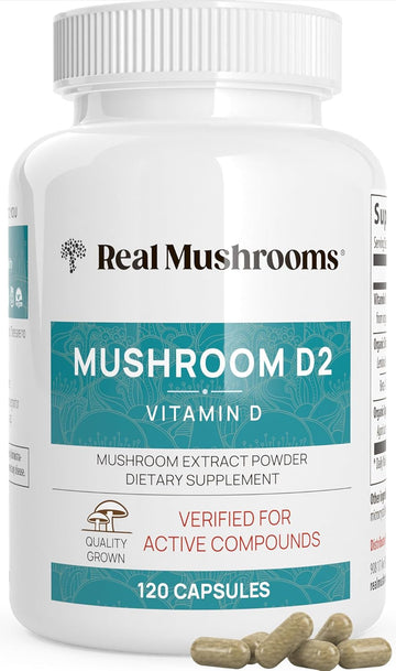 Real Mushrooms Vitamin D2 (120 Ct) Vegan Vitamin D Supplements - Organic Vitamin D Vegan Supplement 1000 Iu Shiitake & Agaricus Mushroom Complex - Vegan Vitamins For Bone & Muscle Health, Energy, Mood