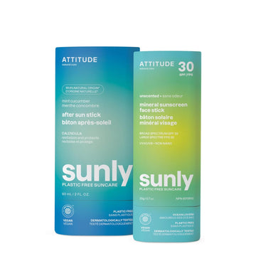 Bundle Of Attitude Mineral Face Sunscreen Stick With Zinc Oxide, Spf 30, Ewg Verified, Plastic-Free, Unscented, 0.7 Oz + After Sun Care Stick, Soothes And Hydrates, Mint And Cucumber, 2 Fl Oz