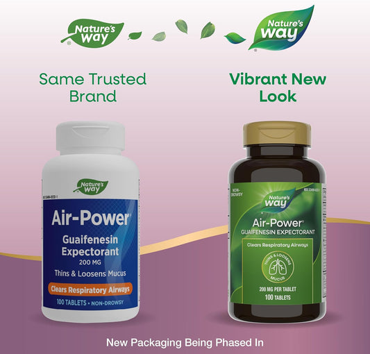 Nature’S Way Air-Power, Guaifenesin Expectorant, Clears Respiratory Airways, Thins & Loosens Mucus, Vegan, 100 Tablets (Packaging May Vary)