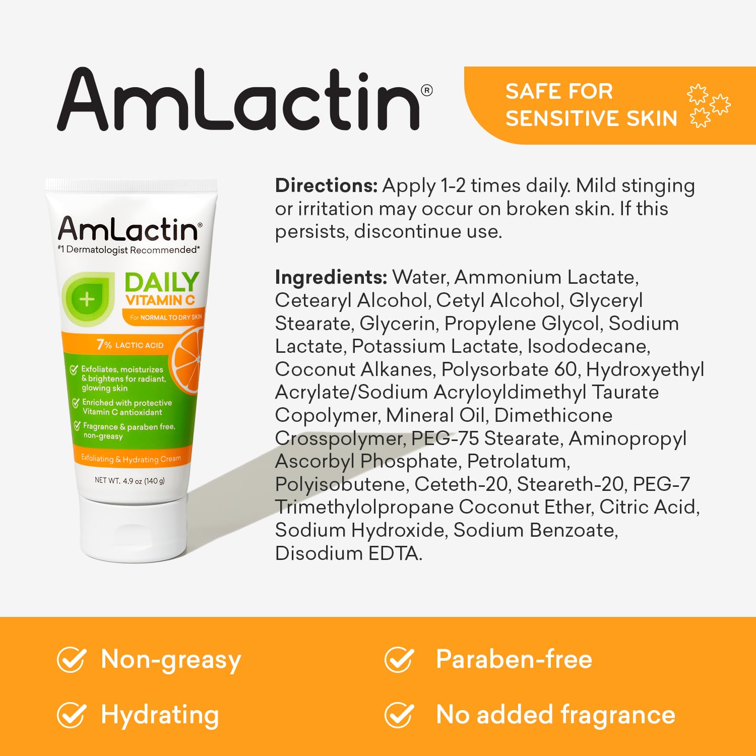 AmLactin Daily Vitamin C Cream - 4.9 oz Body Cream with 7% Lactic Acid - Skin-Brightening Exfoliator and Moisturizer for Dry Skin? : Health & Household
