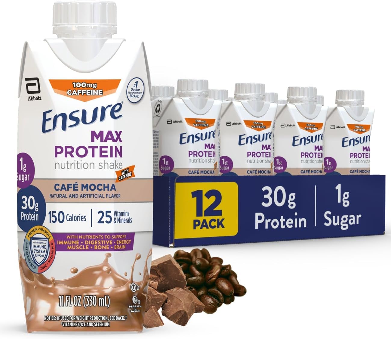 Ensure Max Protein Liquid Nutritional Shake With 30G Of Protein, 1G Of Sugar, High Protein Shake, Cafe Mocha, 11 Fl Oz (Pack Of 12) Gluten Free