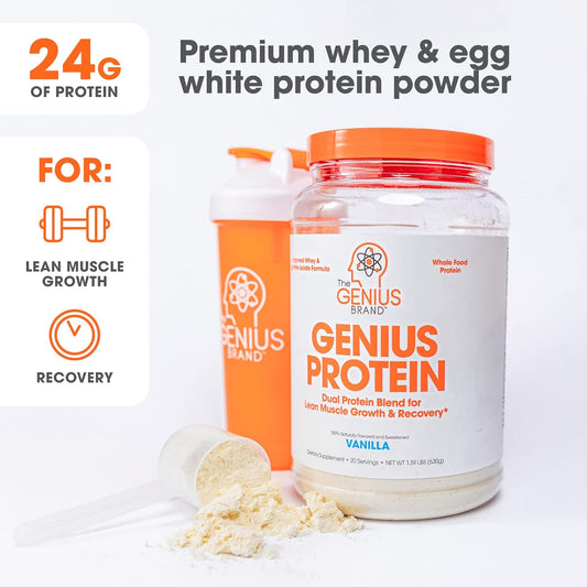 Genius Protein Powder, Vanilla - Dual Protein Blend With Improved Whey Isolate & Natural Egg White For Lean Muscle Building For Men & Women - Grass-Fed Pre & Post Workout Meal Replacement Shake